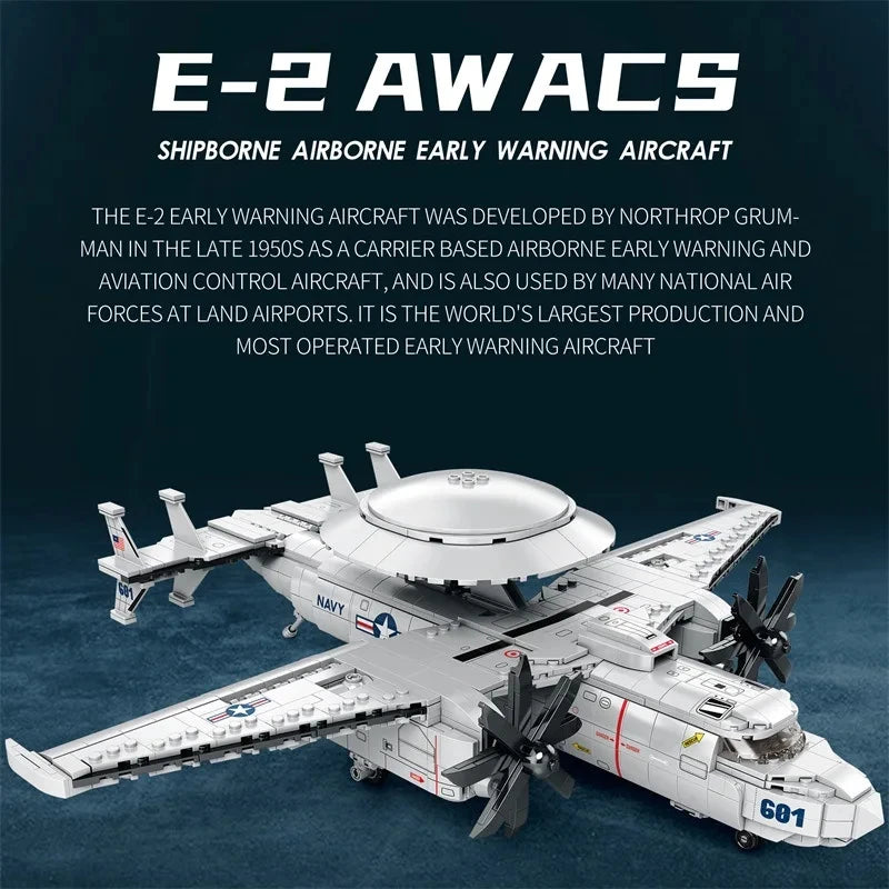 1144PCS E2 Early Warning Aircraft Building Blocks Military Air Force Fighter Plane Model Bricks Desktop Ornaments Kids Toys Gift