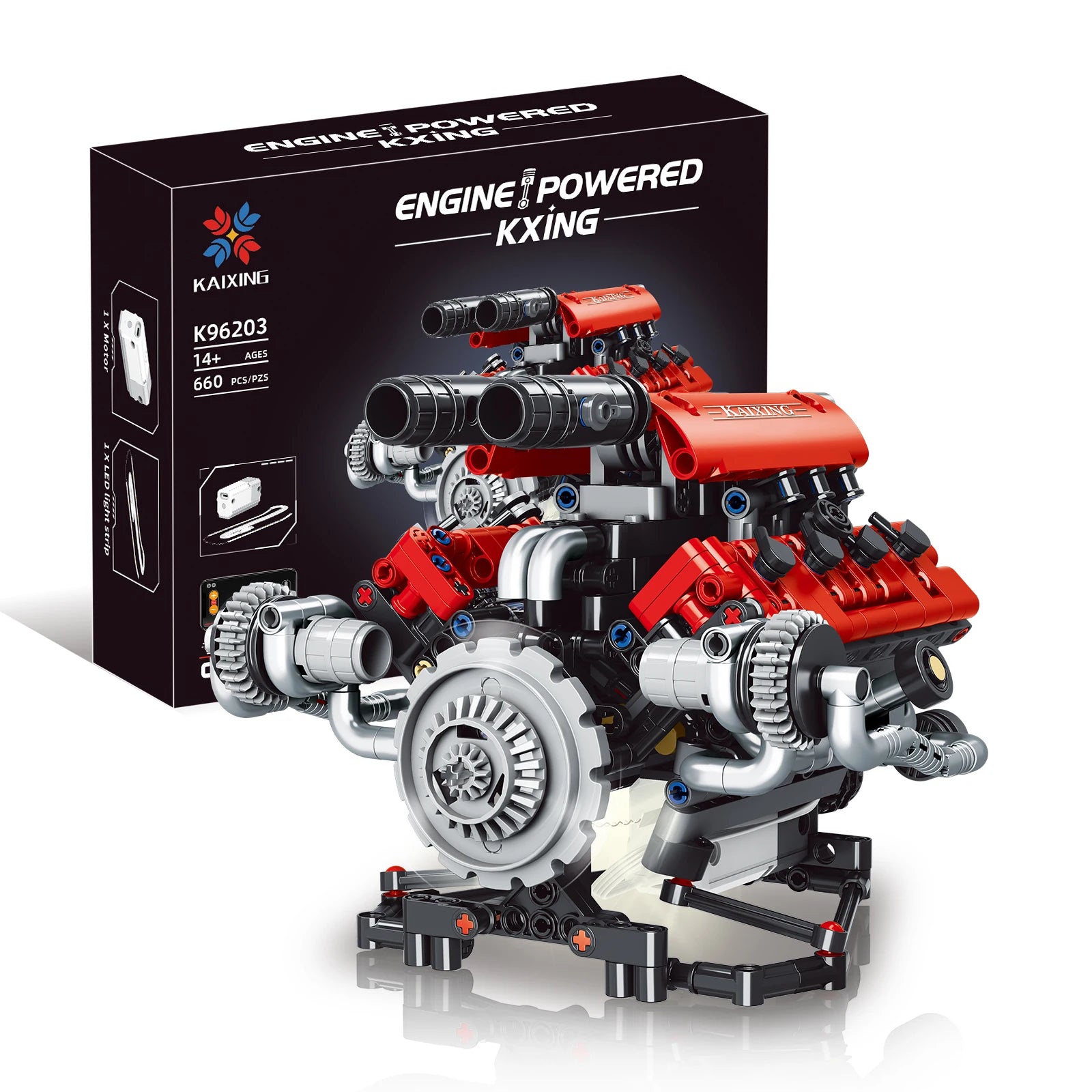 660Pcs MOC V8 Engine Model Motorized Kit with LED Lights Rechargeable APP Controlled Battery STEM Toy for Adults Kid K9620