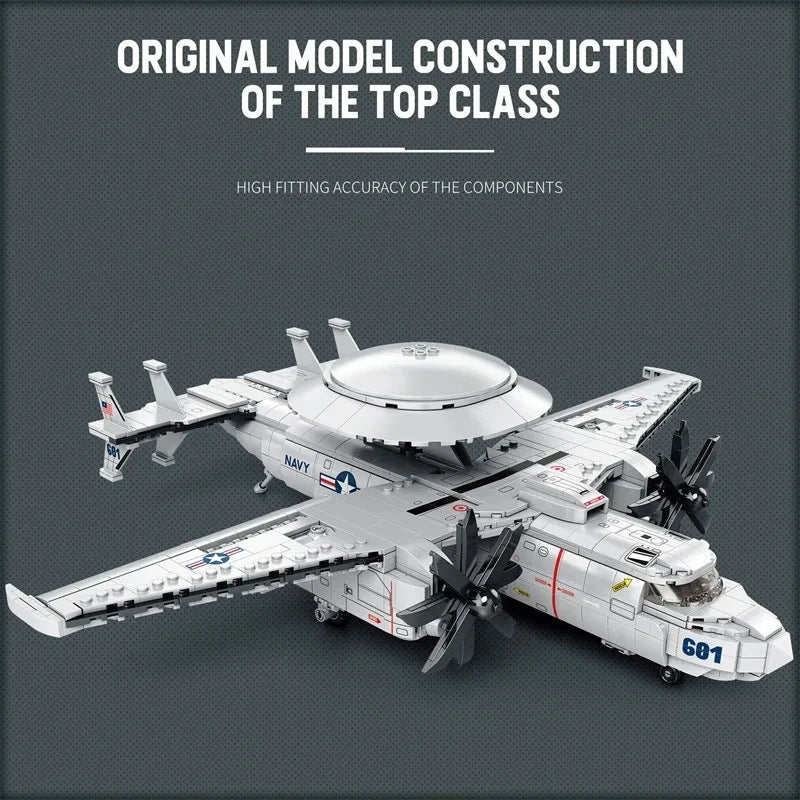 1144PCS E2 Early Warning Aircraft Building Blocks Military Air Force Fighter Plane Model Bricks Desktop Ornaments Kids Toys Gift