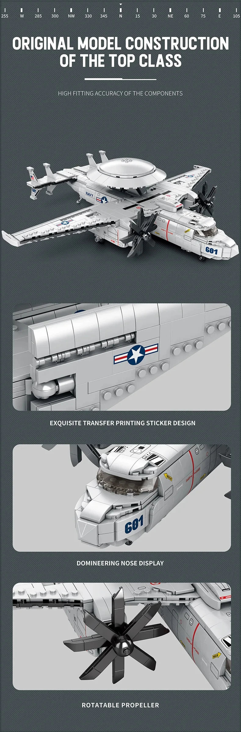 1144PCS E2 Early Warning Aircraft Building Blocks Military Air Force Fighter Plane Model Bricks Desktop Ornaments Kids Toys Gift