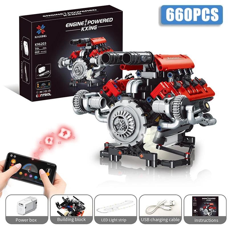 660Pcs MOC V8 Engine Model Motorized Kit with LED Lights Rechargeable APP Controlled Battery STEM Toy for Adults Kid K9620