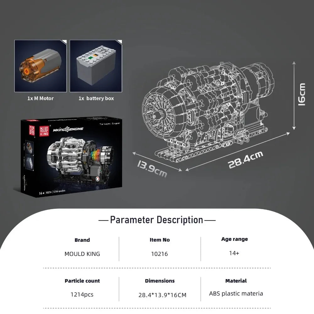 MOULD KING 10216 Turbojet Engine Building Blocks Kit 1214PCS Aviation Model STEM Rotating Turbine for Adults Advanced Builders