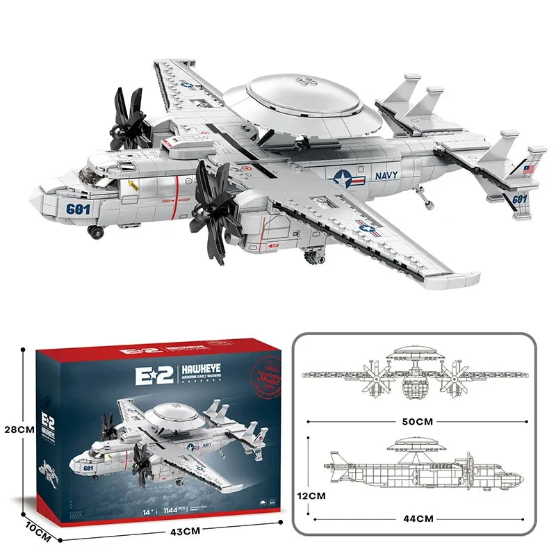 1144PCS E2 Early Warning Aircraft Building Blocks Military Air Force Fighter Plane Model Bricks Desktop Ornaments Kids Toys Gift
