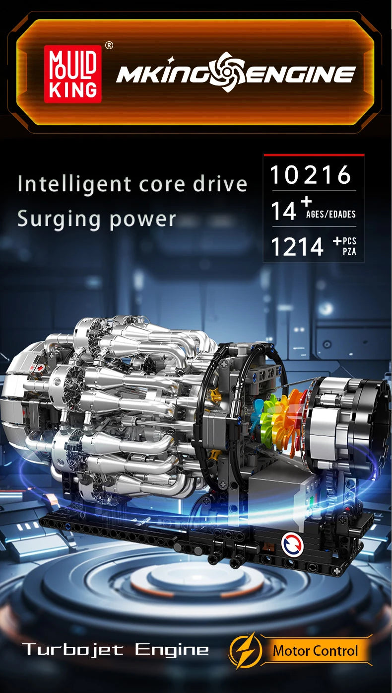 MOULD KING 10216 Turbojet Engine Building Blocks Kit 1214PCS Aviation Model STEM Rotating Turbine for Adults Advanced Builders