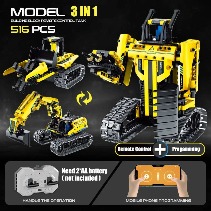 Technical 3 IN 1 City Engineering Car Excavator Bulldozer Transform RC Robot Model Building Blocks Bricks Toys For Children Gift