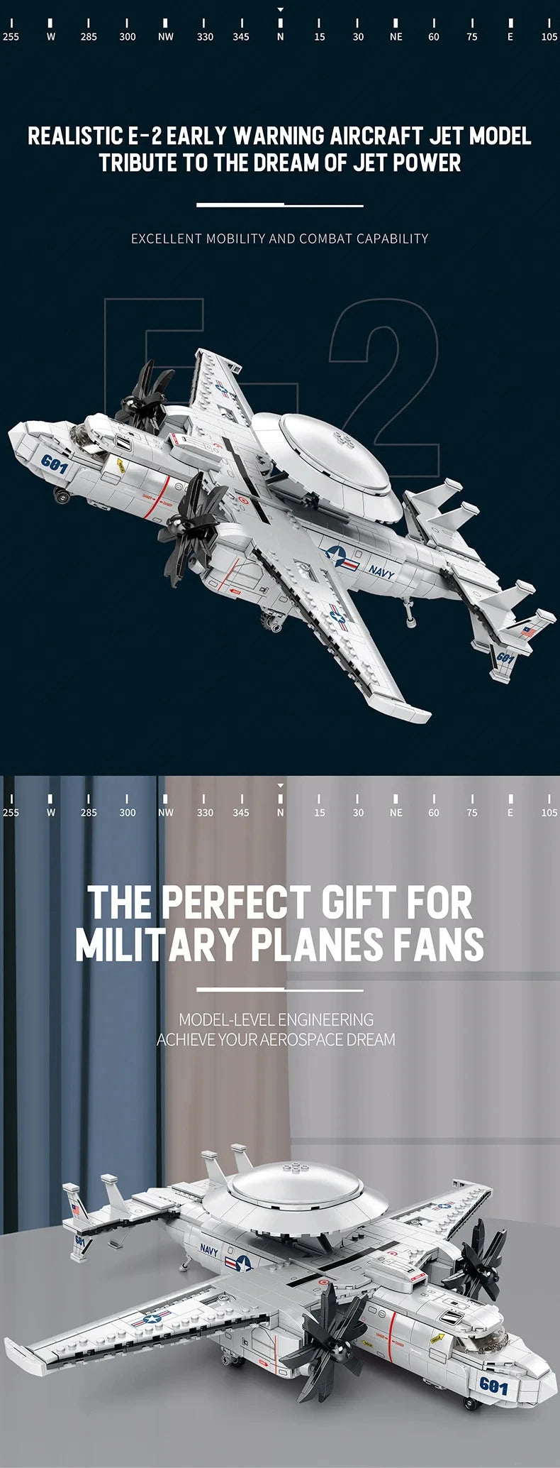 1144PCS E2 Early Warning Aircraft Building Blocks Military Air Force Fighter Plane Model Bricks Desktop Ornaments Kids Toys Gift