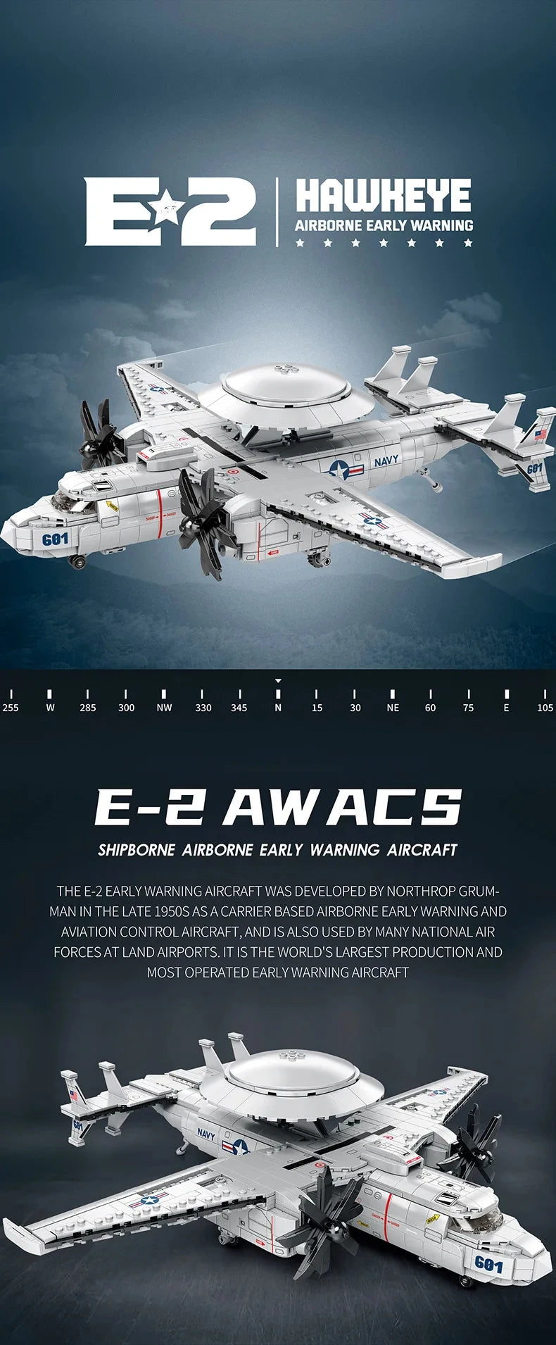 1144PCS E2 Early Warning Aircraft Building Blocks Military Air Force Fighter Plane Model Bricks Desktop Ornaments Kids Toys Gift