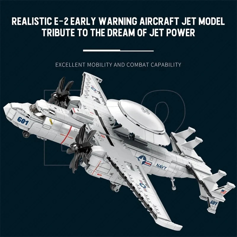 1144PCS E2 Early Warning Aircraft Building Blocks Military Air Force Fighter Plane Model Bricks Desktop Ornaments Kids Toys Gift